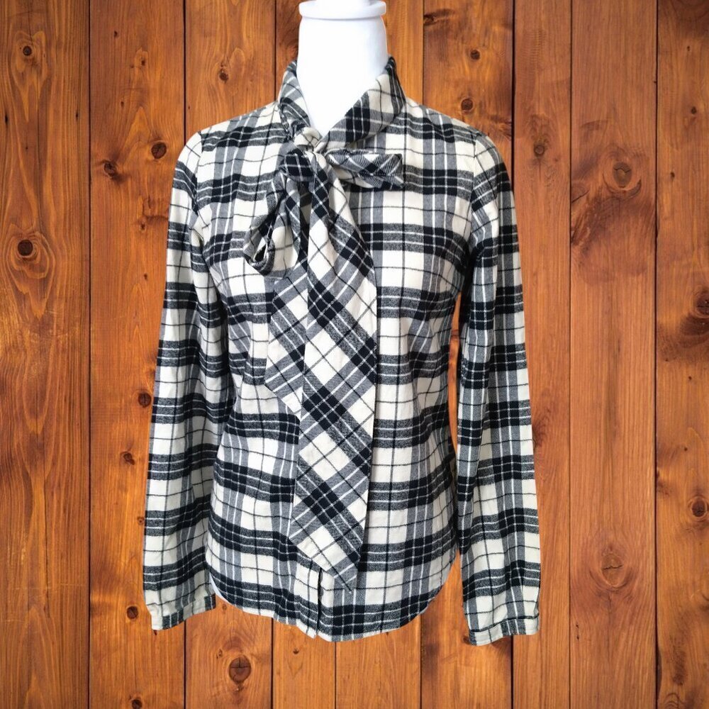 Giordano Black White Button Front Plaid Blouse Tie Neckline Size Small